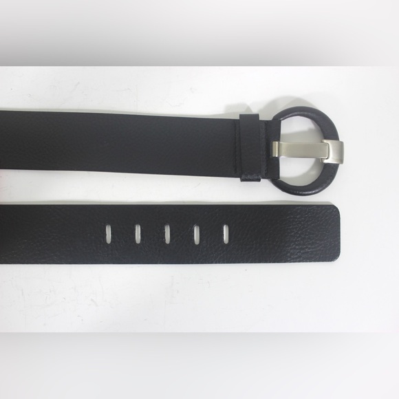 Italian Wide Black Pebbled Leather Belt Large Self Covered Leather Buckle - Picture 6 of 8